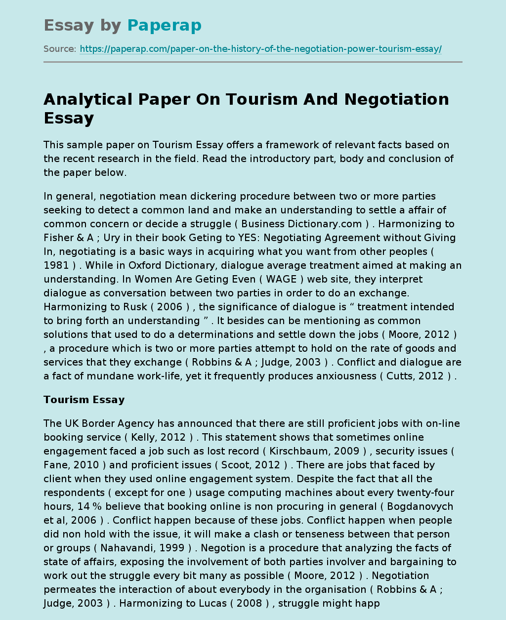 Analytical Paper On Tourism And Negotiation