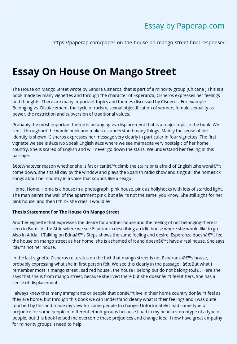 Essay On House On Mango Street
