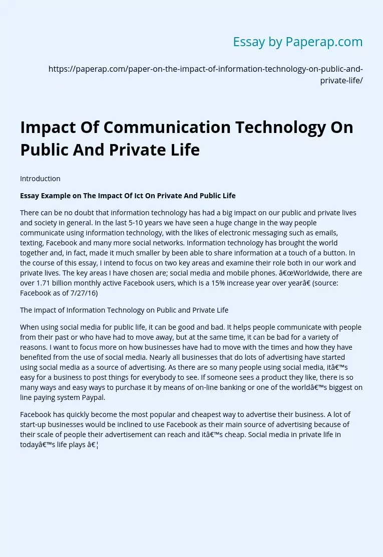 Impact Of Communication Technology On Public And Private Life
