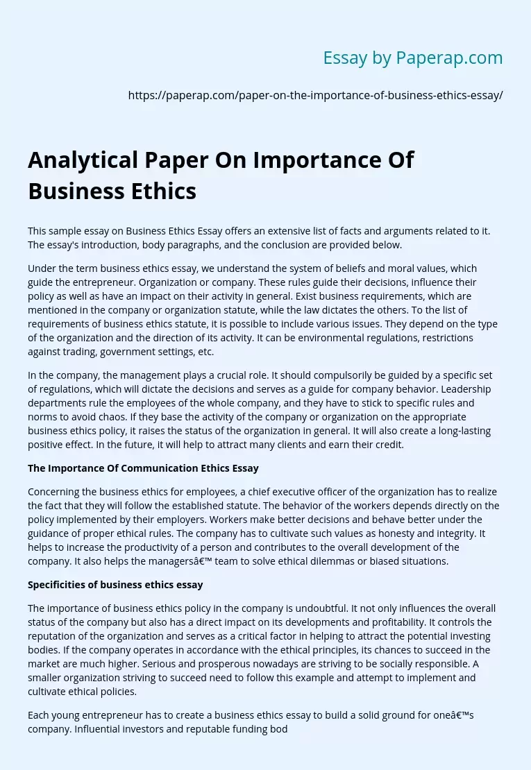 Analytical Paper On Importance Of Business Ethics