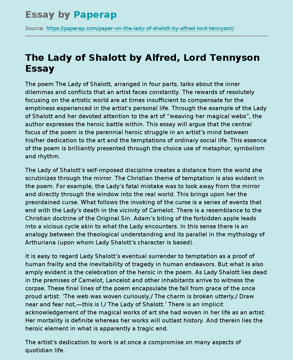 The Lady of Shalott by Alfred, Lord Tennyson