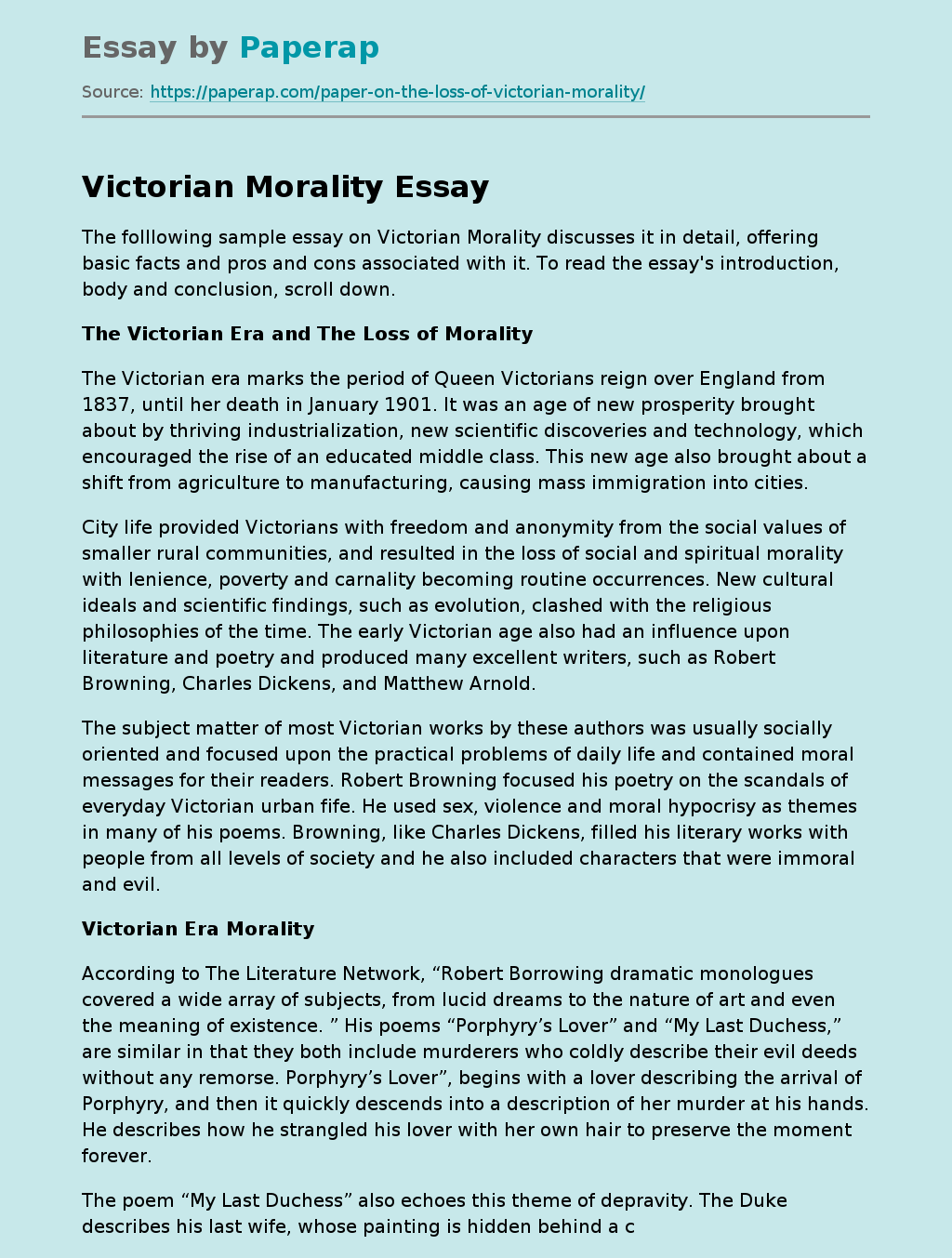 The Victorian Era and The Loss of Morality