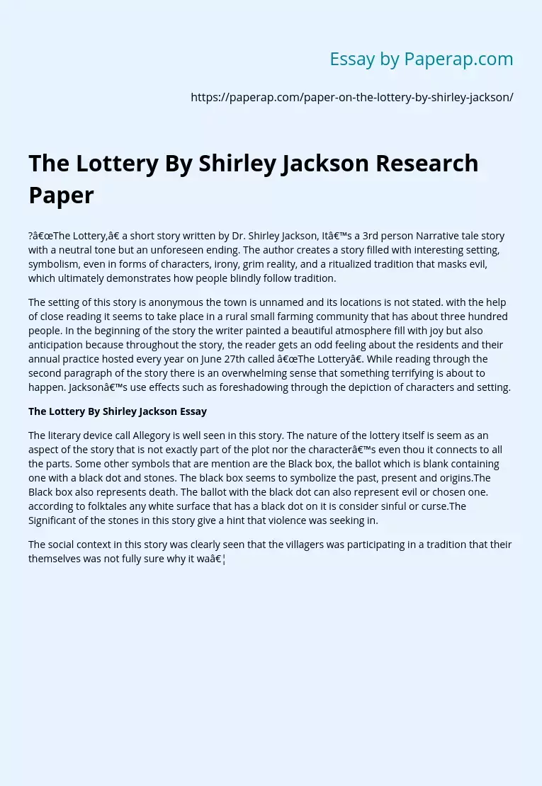 The Lottery By Shirley Jackson Research Paper