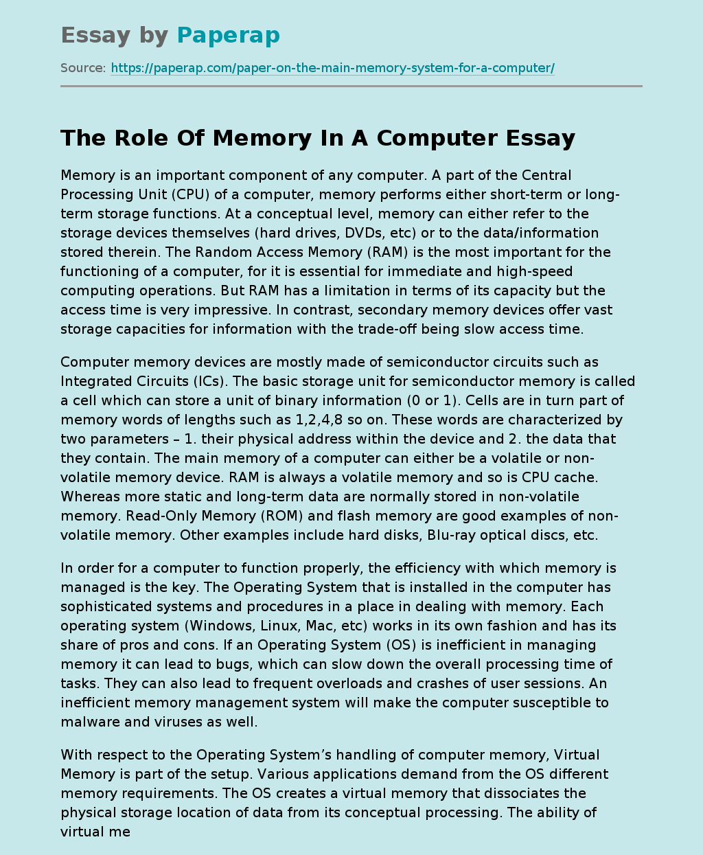 The Role Of Memory In A Computer
