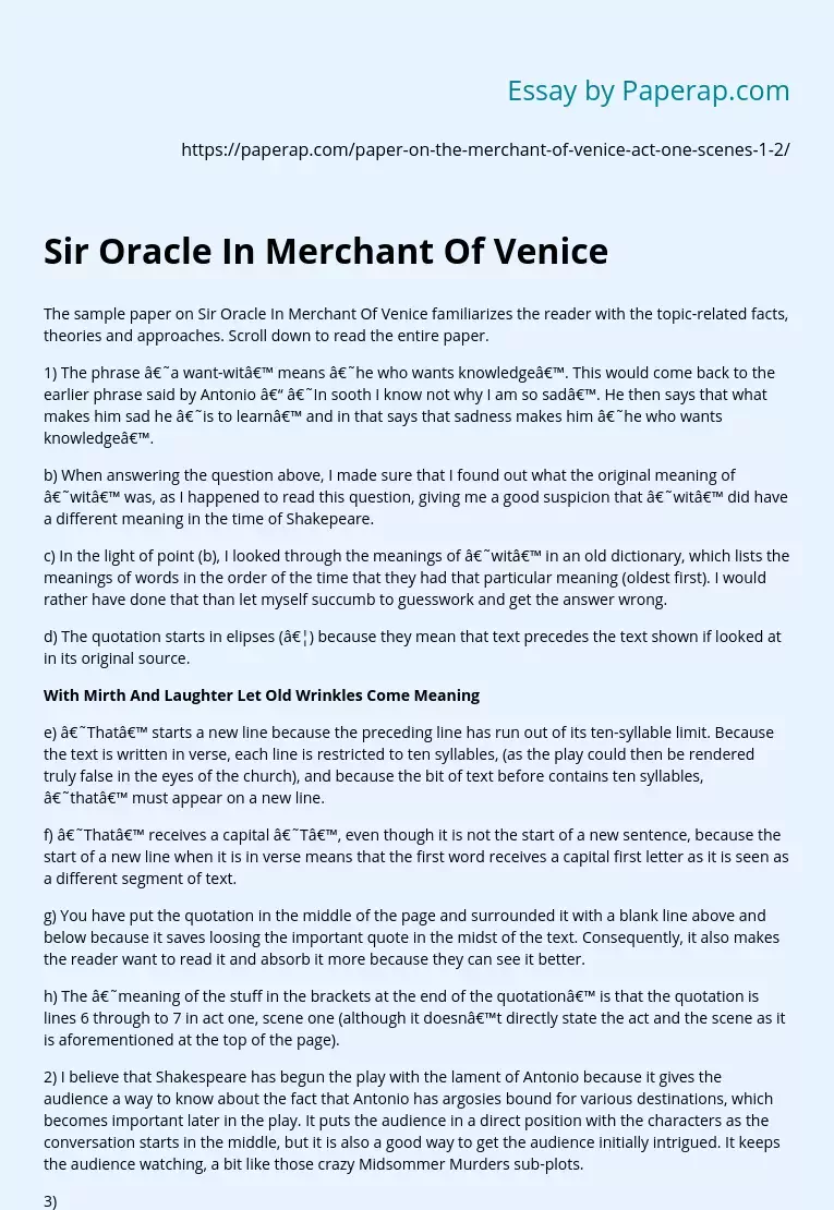 Sir Oracle In Merchant Of Venice