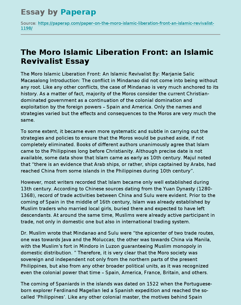 The Moro Islamic Liberation Front: an Islamic Revivalist