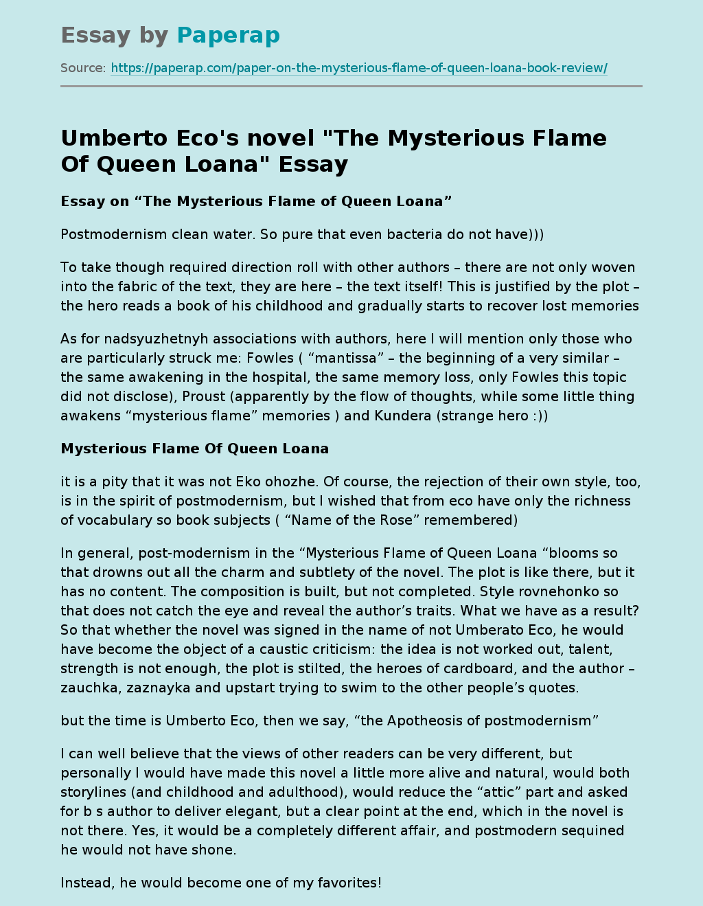 Umberto Eco’s Novel "The Mysterious Flame of Queen Loana"