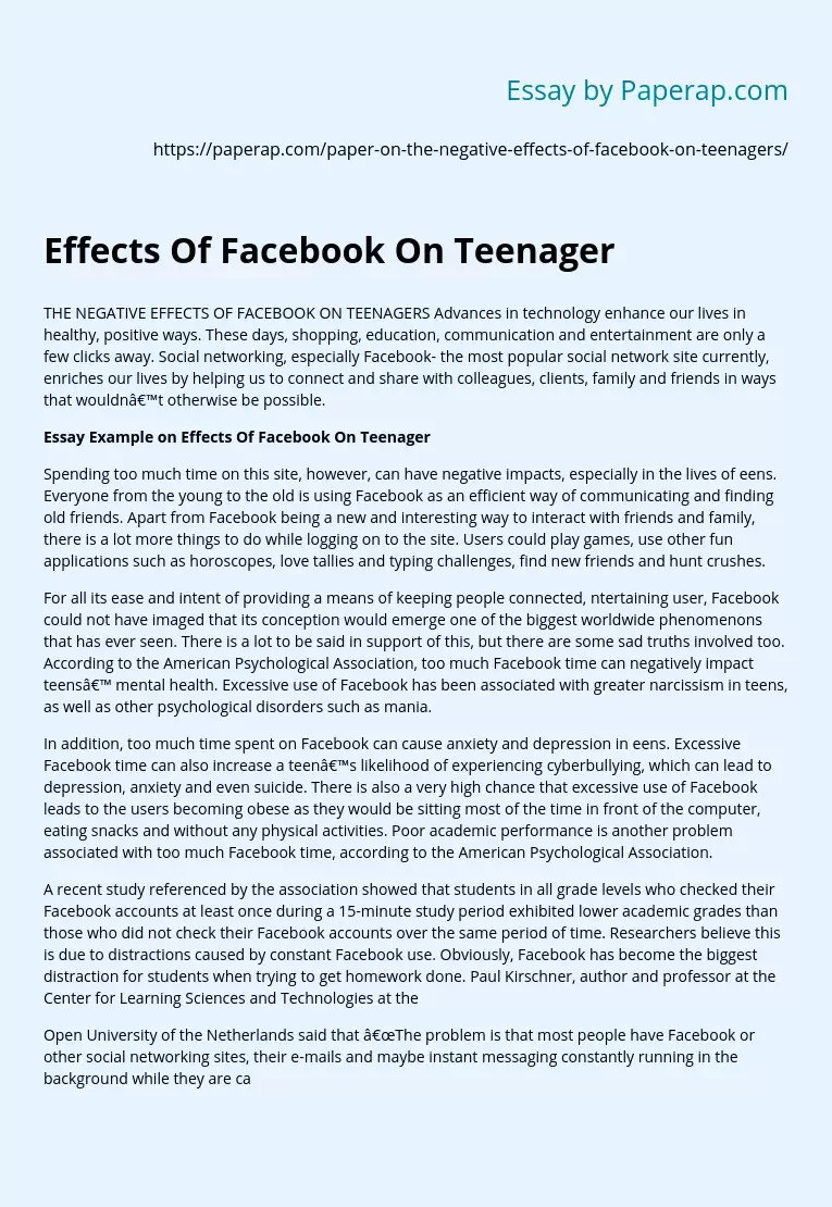 Effects Of Facebook On Teenager