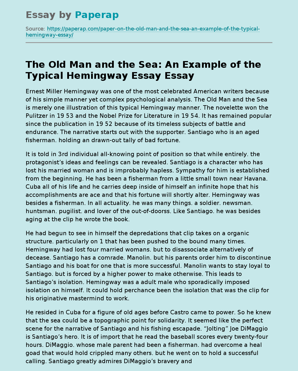 The Old Man and the Sea: An Example of the Typical Hemingway Essay