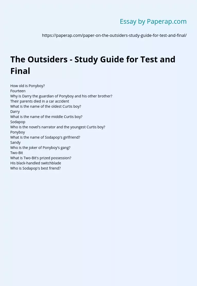 The Outsiders - Study Guide for Test and Final