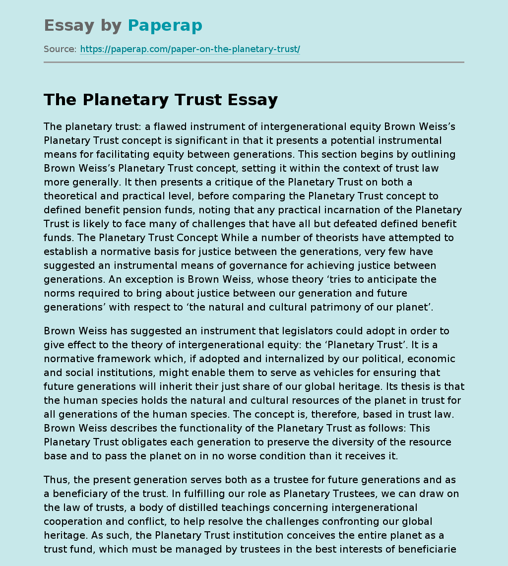 The Planetary Trust: A Flawed Instrument of Intergenerational Equity