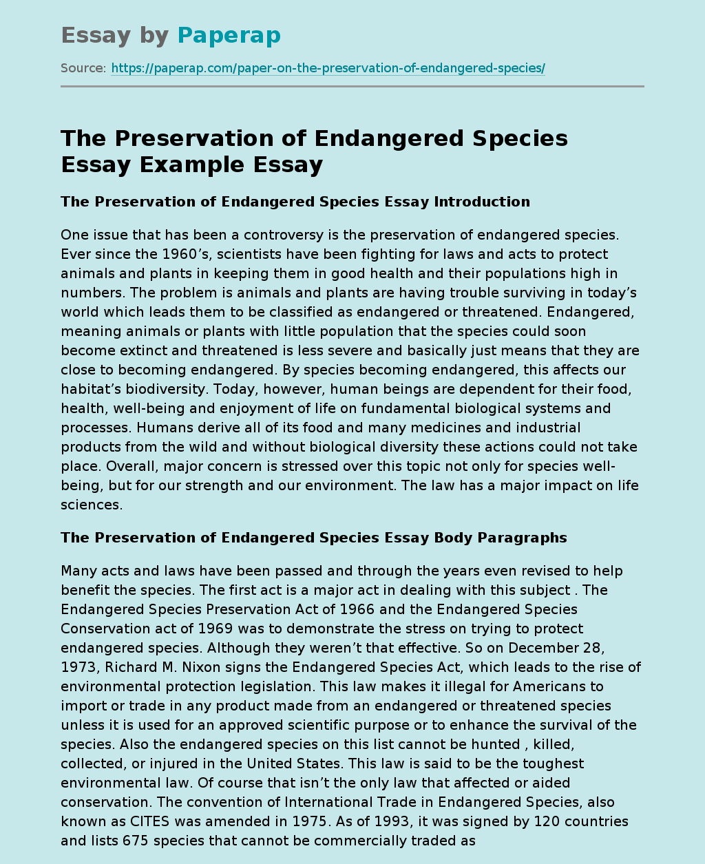The Preservation of Endangered Species Essay Example