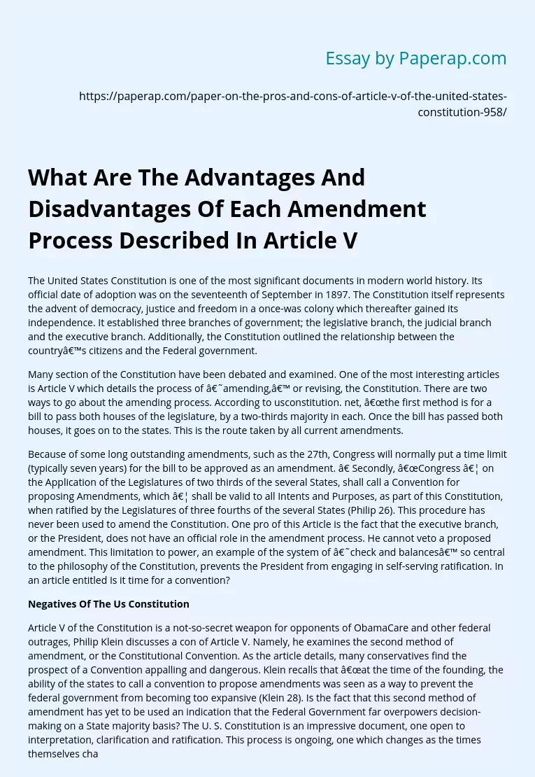 What Are The Advantages And Disadvantages Of Each Amendment Process Described In Article V