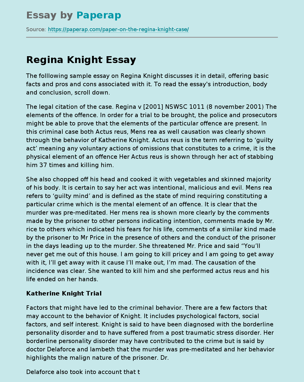 Folllowing Sample Essay on Regina Knight