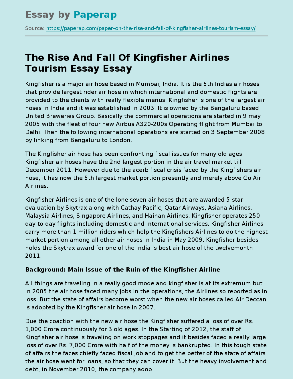 The Rise And Fall Of Kingfisher Airlines Tourism Essay