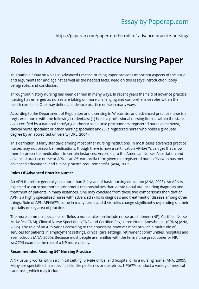 Roles In Advanced Practice Nursing Paper