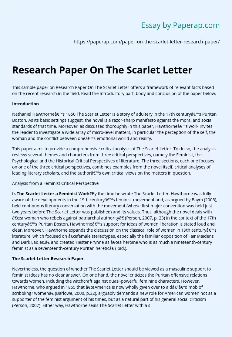 Research Paper On The Scarlet Letter