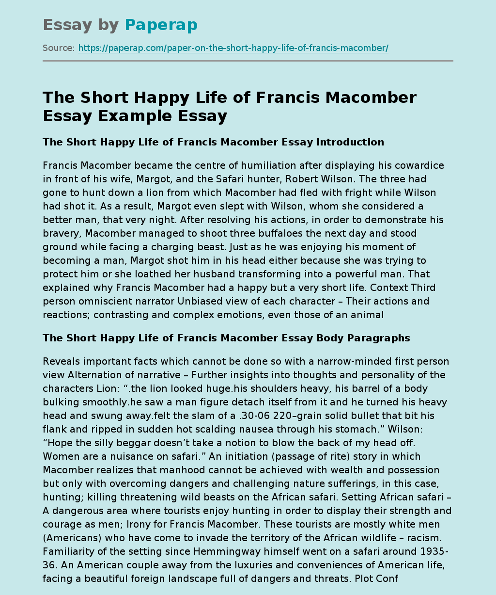 The Short Happy Life of Francis Macomber Essay Example