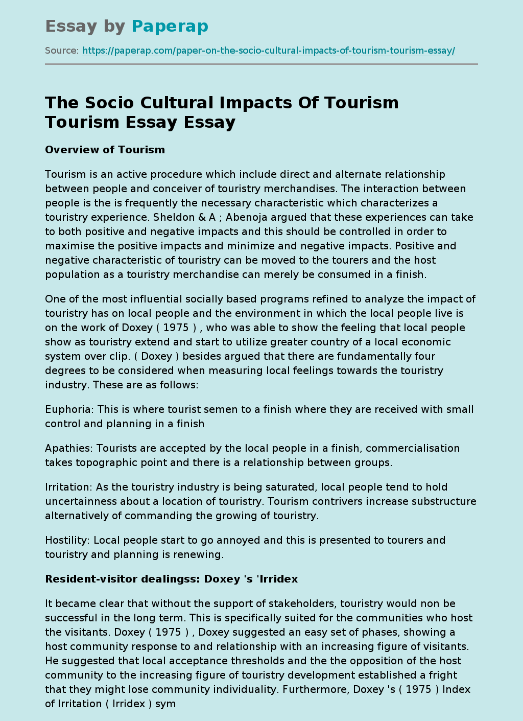 The Socio Cultural Impacts Of Tourism Tourism Essay