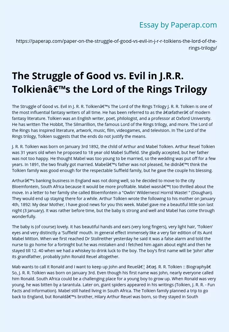 The Struggle of Good vs. Evil in J.R.R. Tolkien’s the Lord of the Rings Trilogy