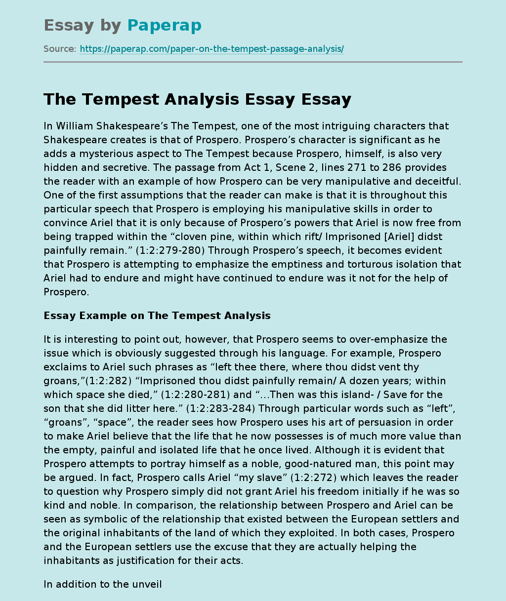 The Tempest Analysis Essay
