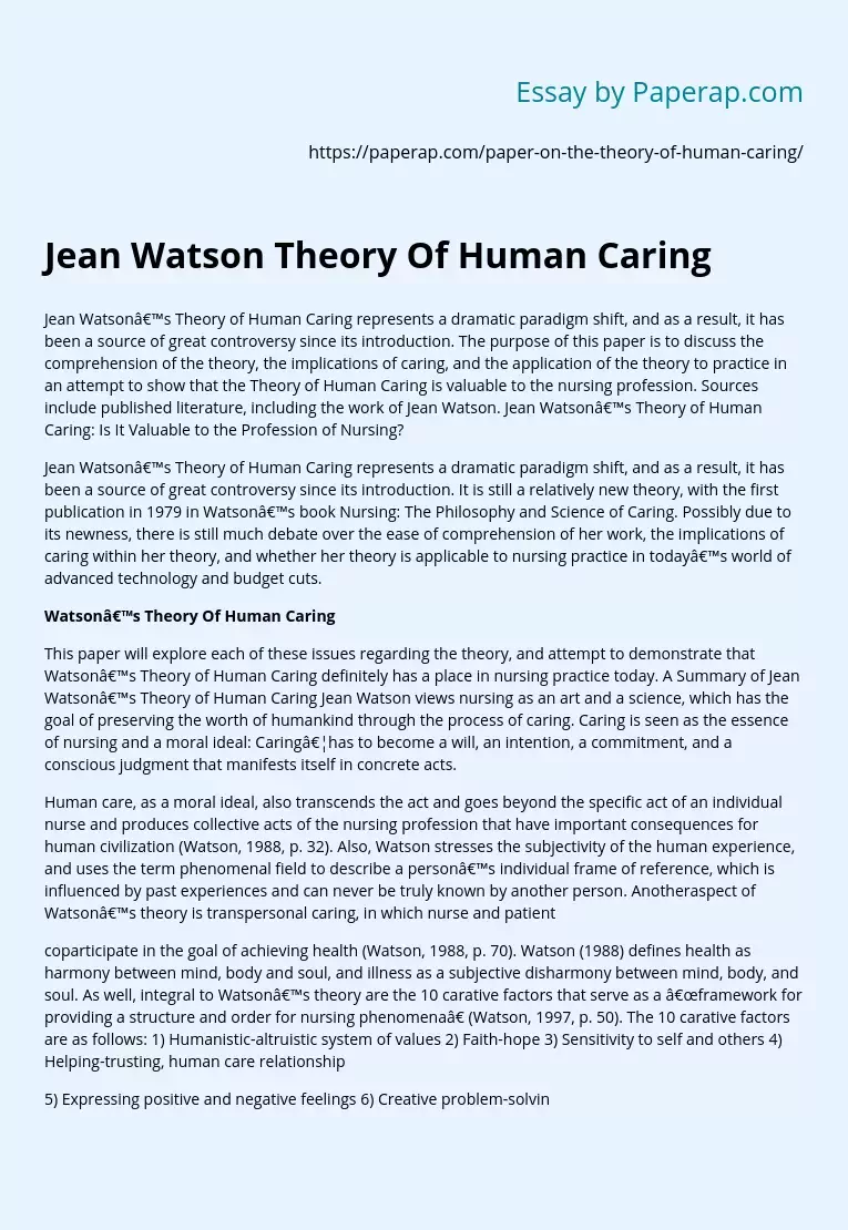 Jean Watson Theory Of Human Caring