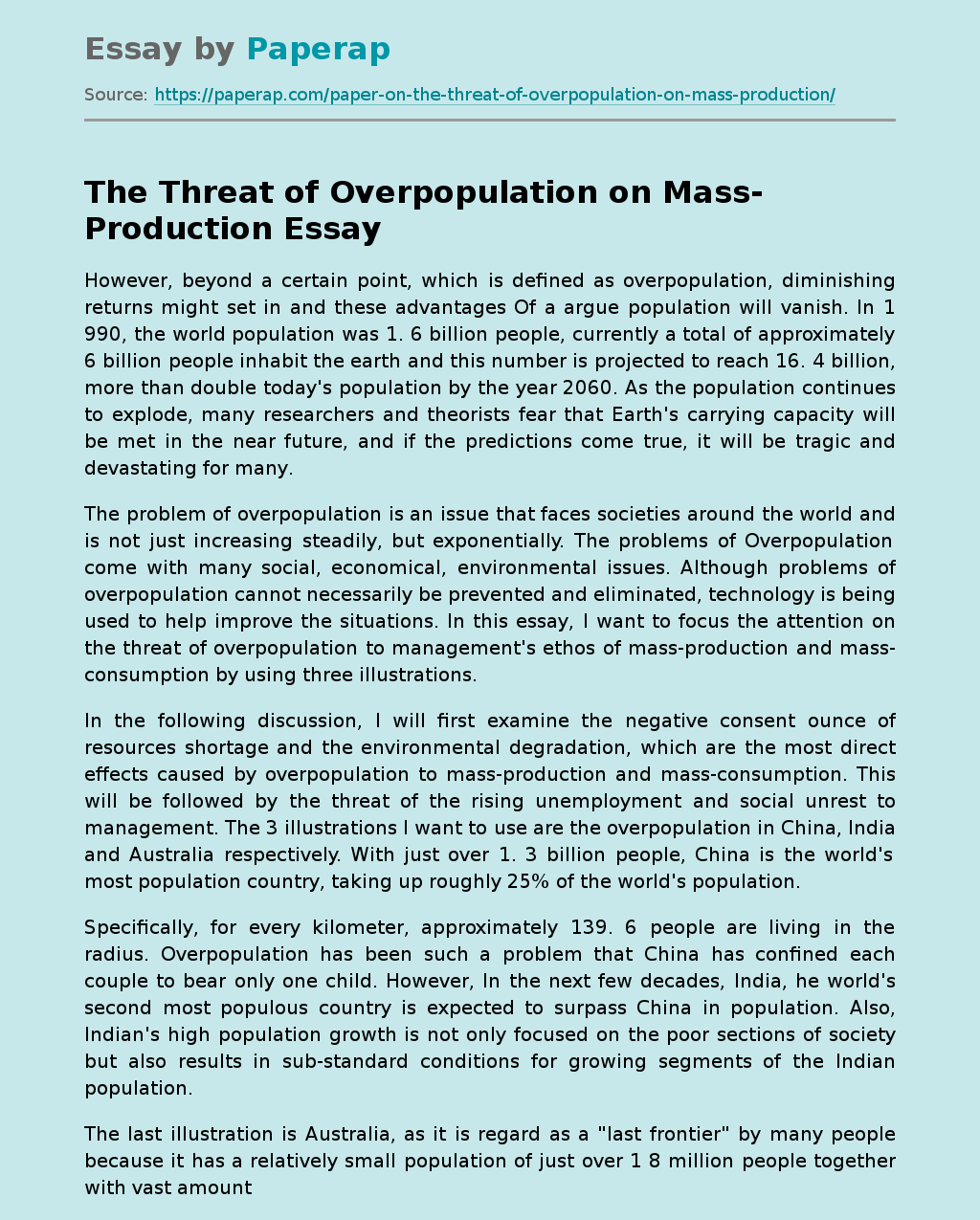 The Threat of Overpopulation on Mass-Production