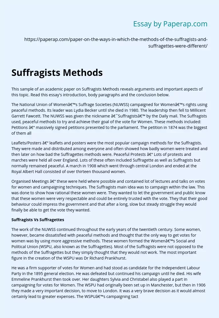 Sample Academic Paper on Suffragette Methods
