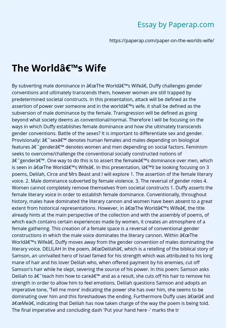 The World’s Wife by Carol Ann Duffy Analysis