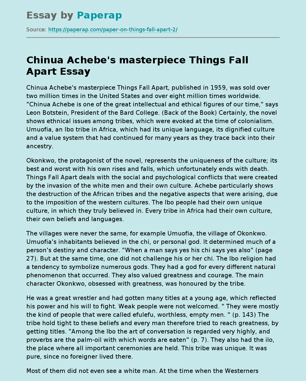 Chinua Achebe's Masterpiece "Things Fall Apart"