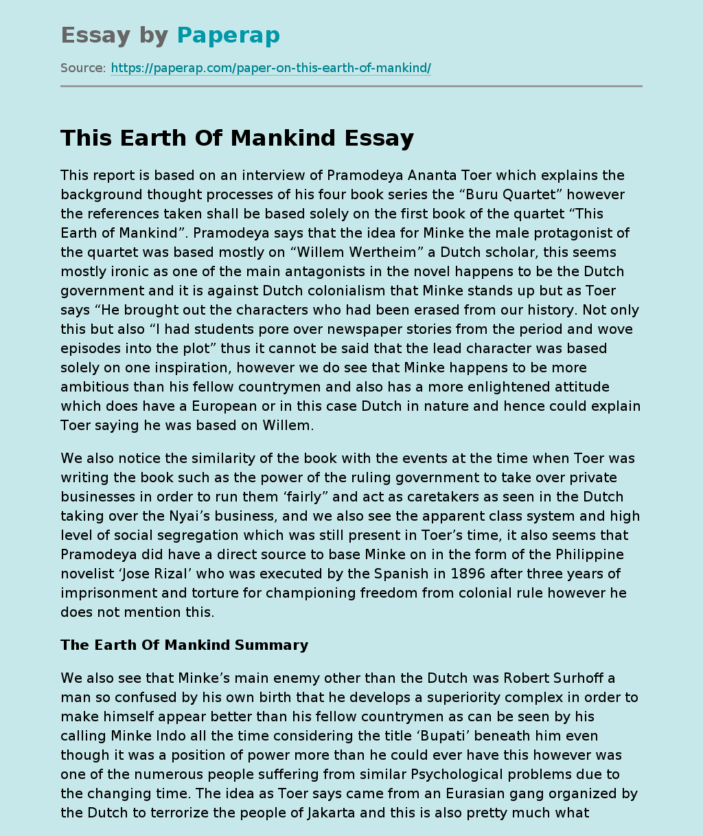 The Earth Of Mankind Summary