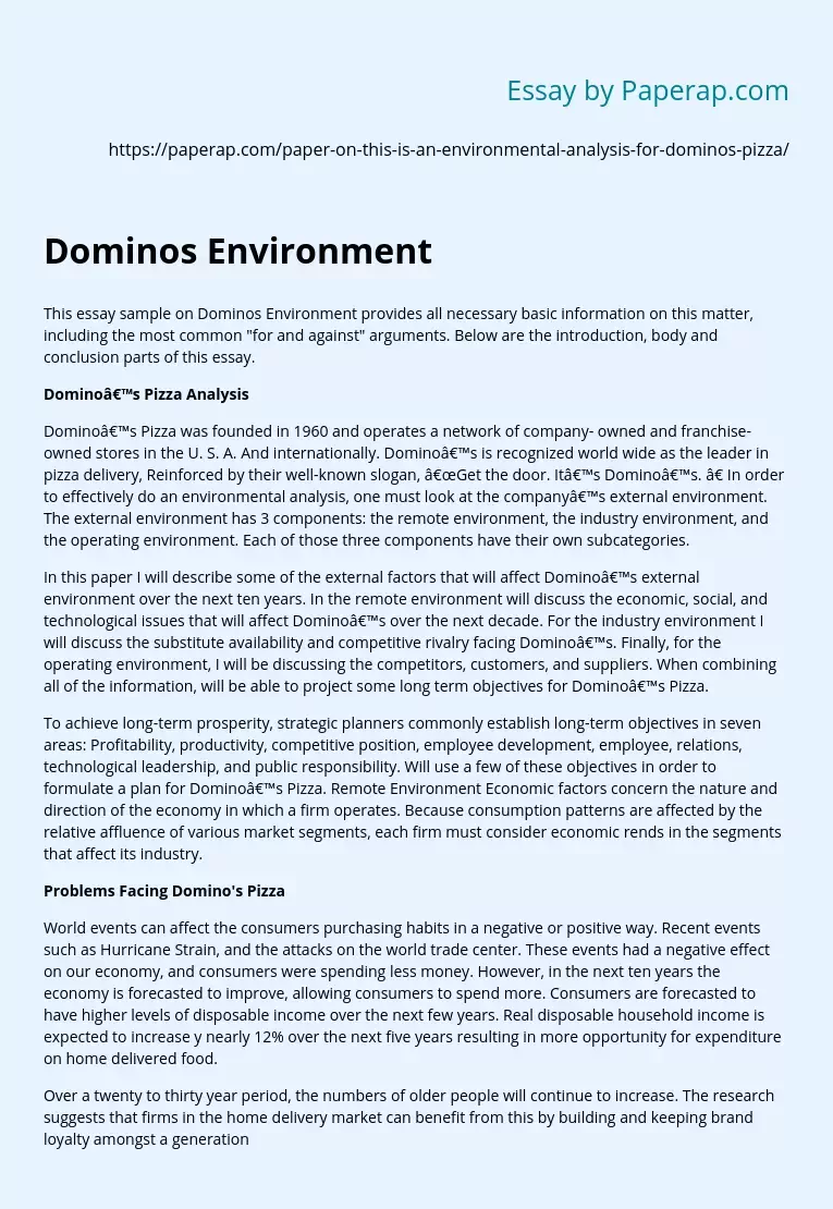 Analysis of Dominos Pizza Environment