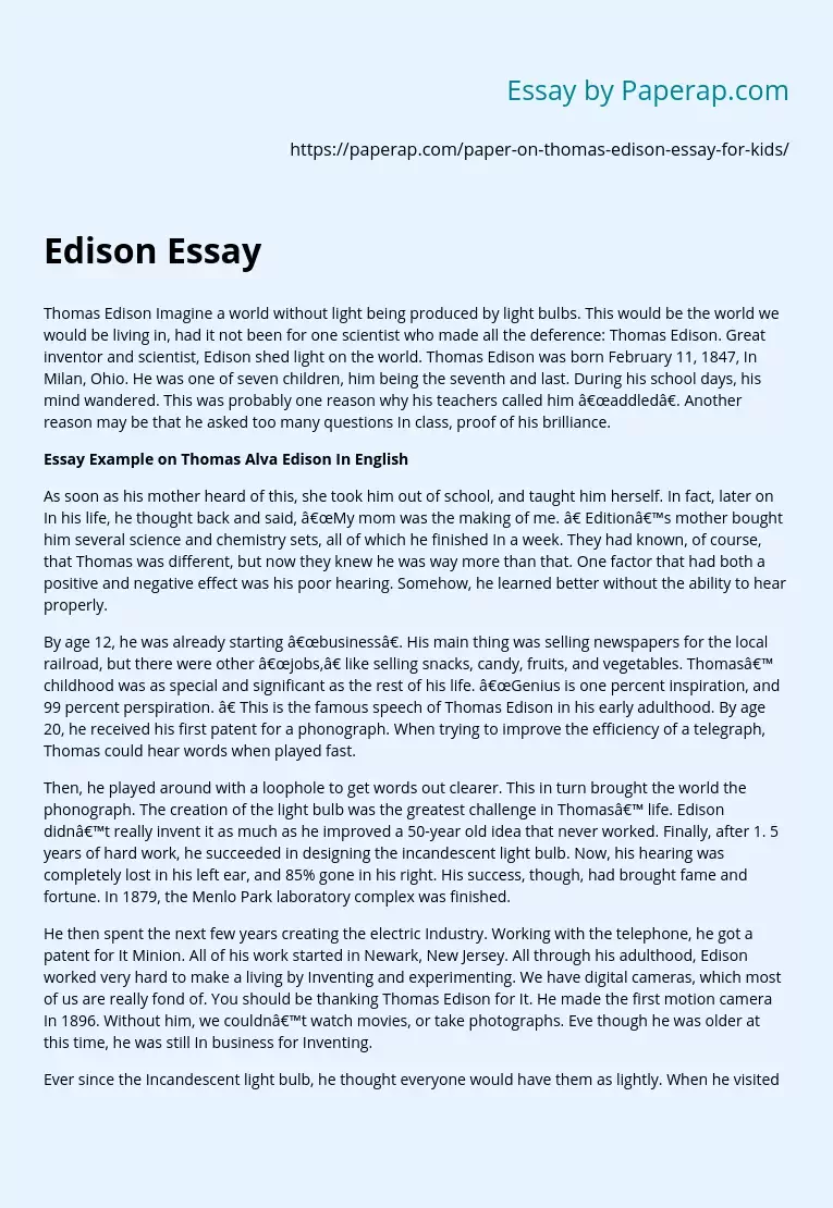 Реферат: Thomas Edison Essay Research Paper Thomas Alva