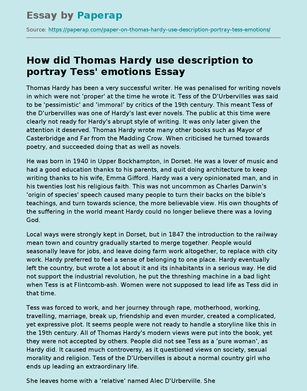 How did Thomas Hardy use description to portray Tess' emotions