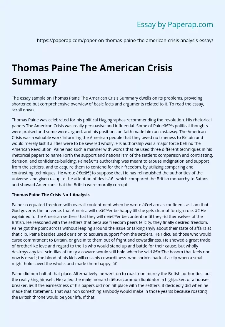 Thomas Paine The American Crisis Summary