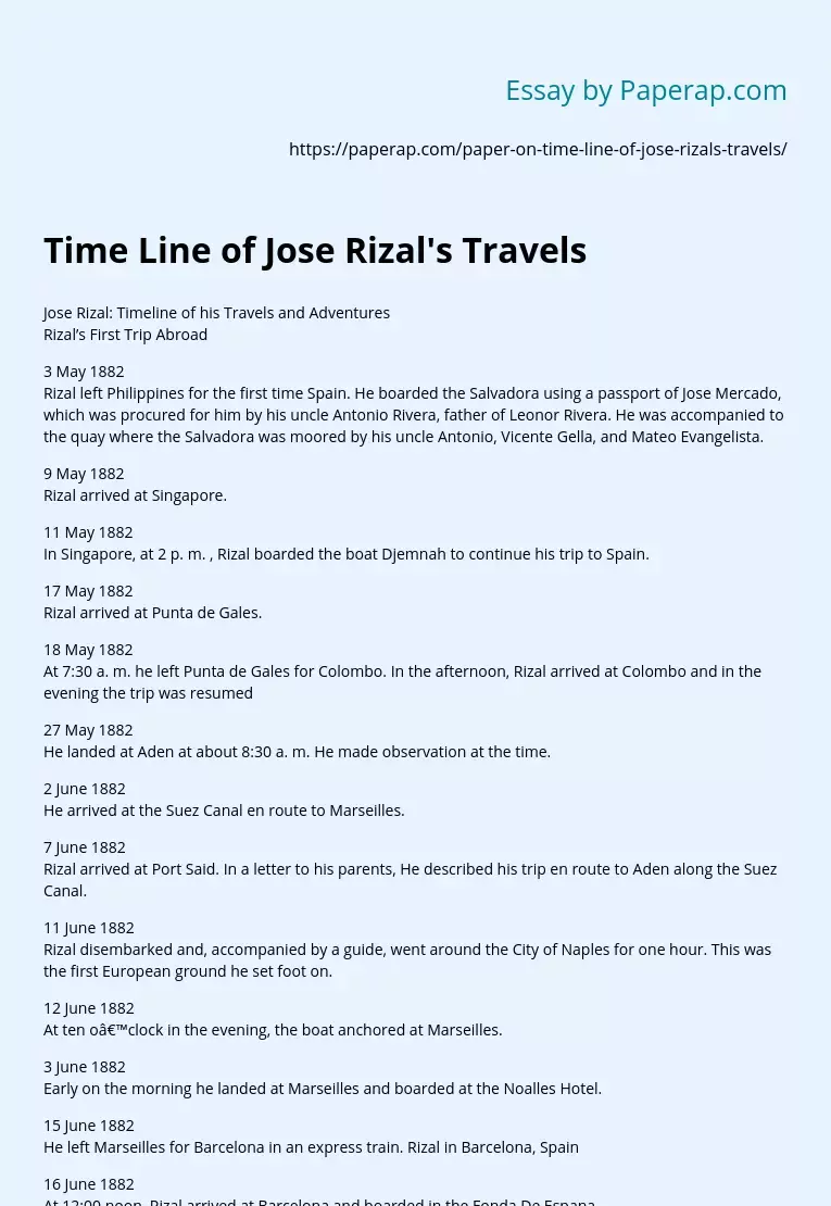 Time Line of Jose Rizal&#039;s Travels