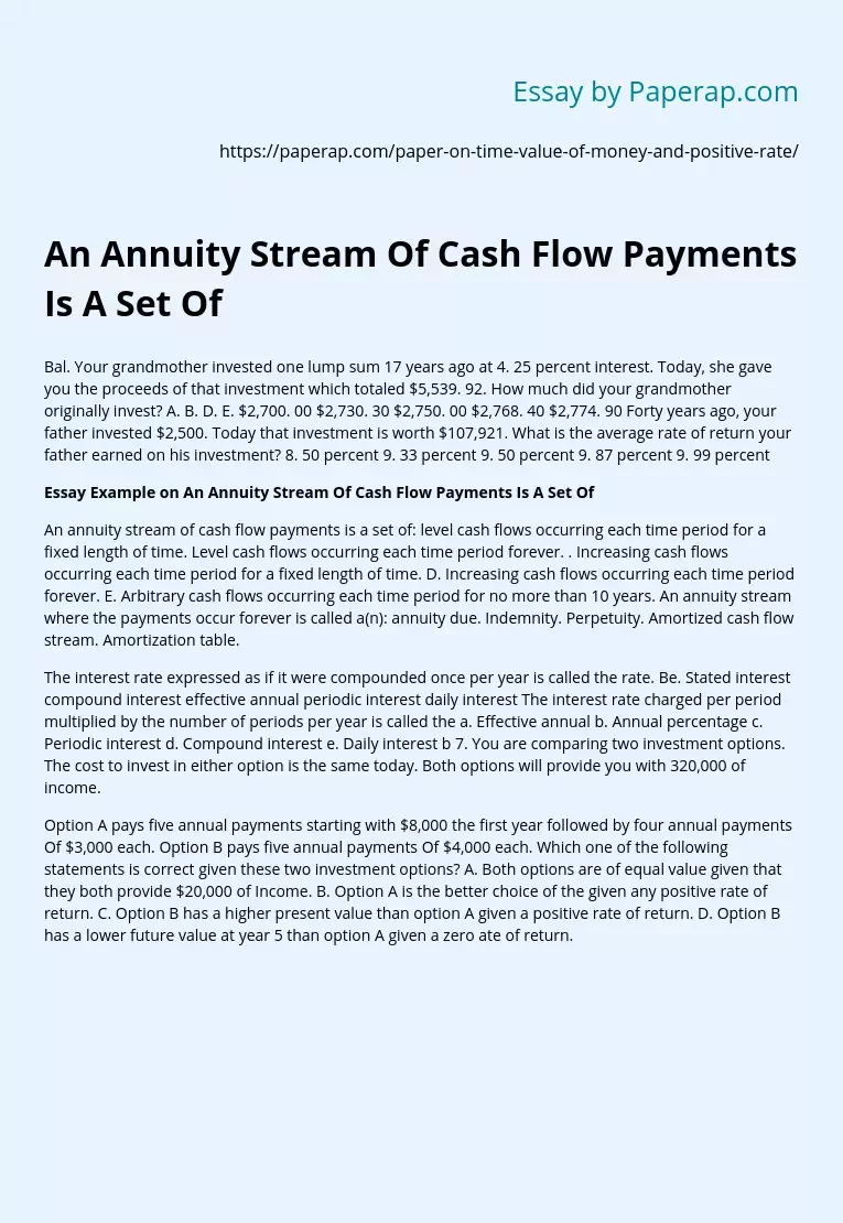 An Annuity Stream Of Cash Flow Payments Is A Set Of