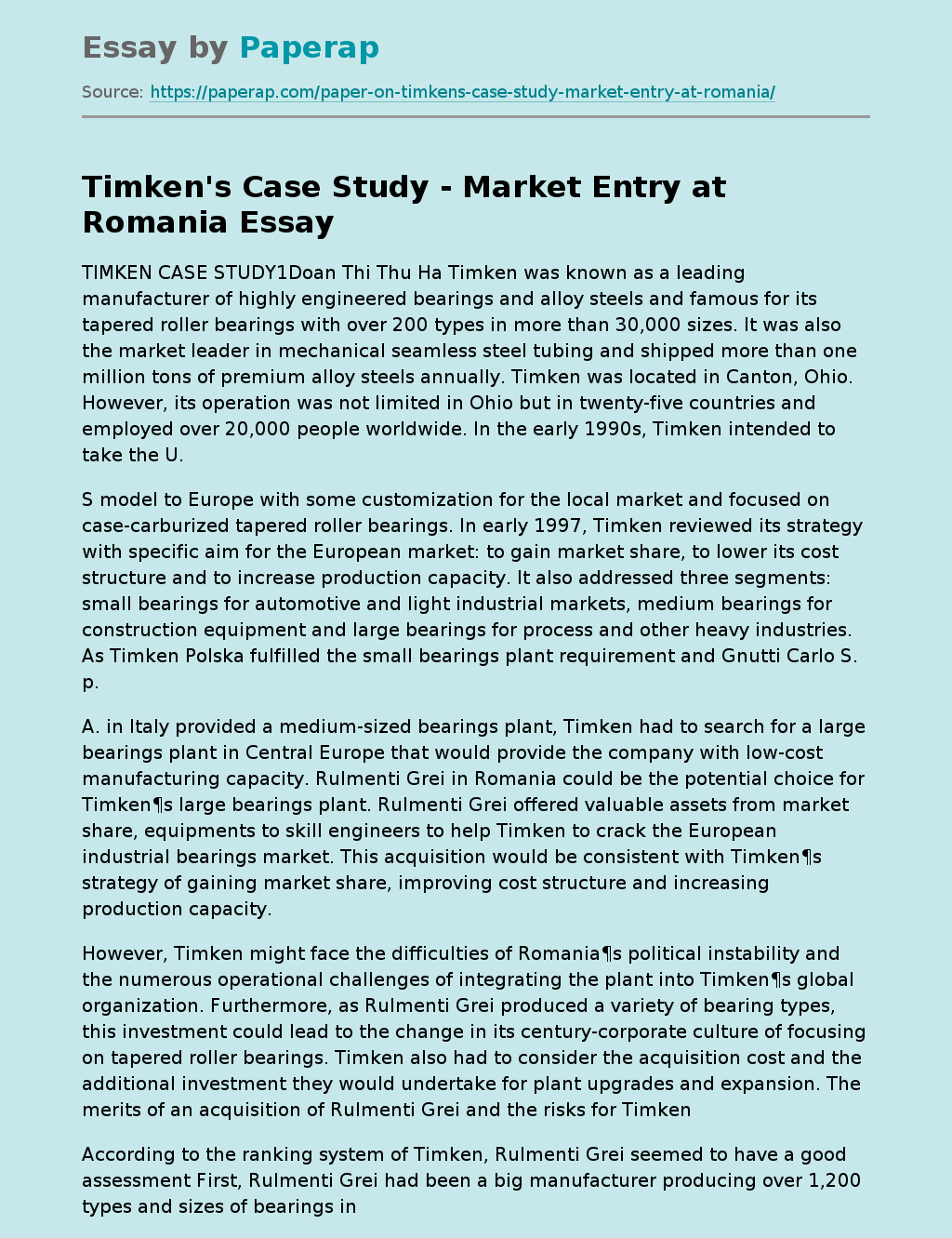 Timken's Case Study - Market Entry at Romania