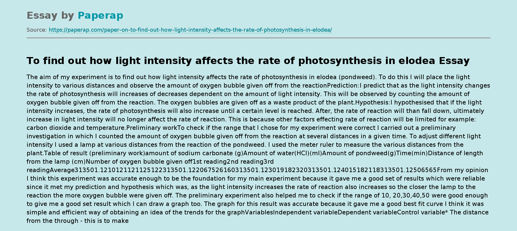 To find out how light intensity affects the rate of photosynthesis in elodea