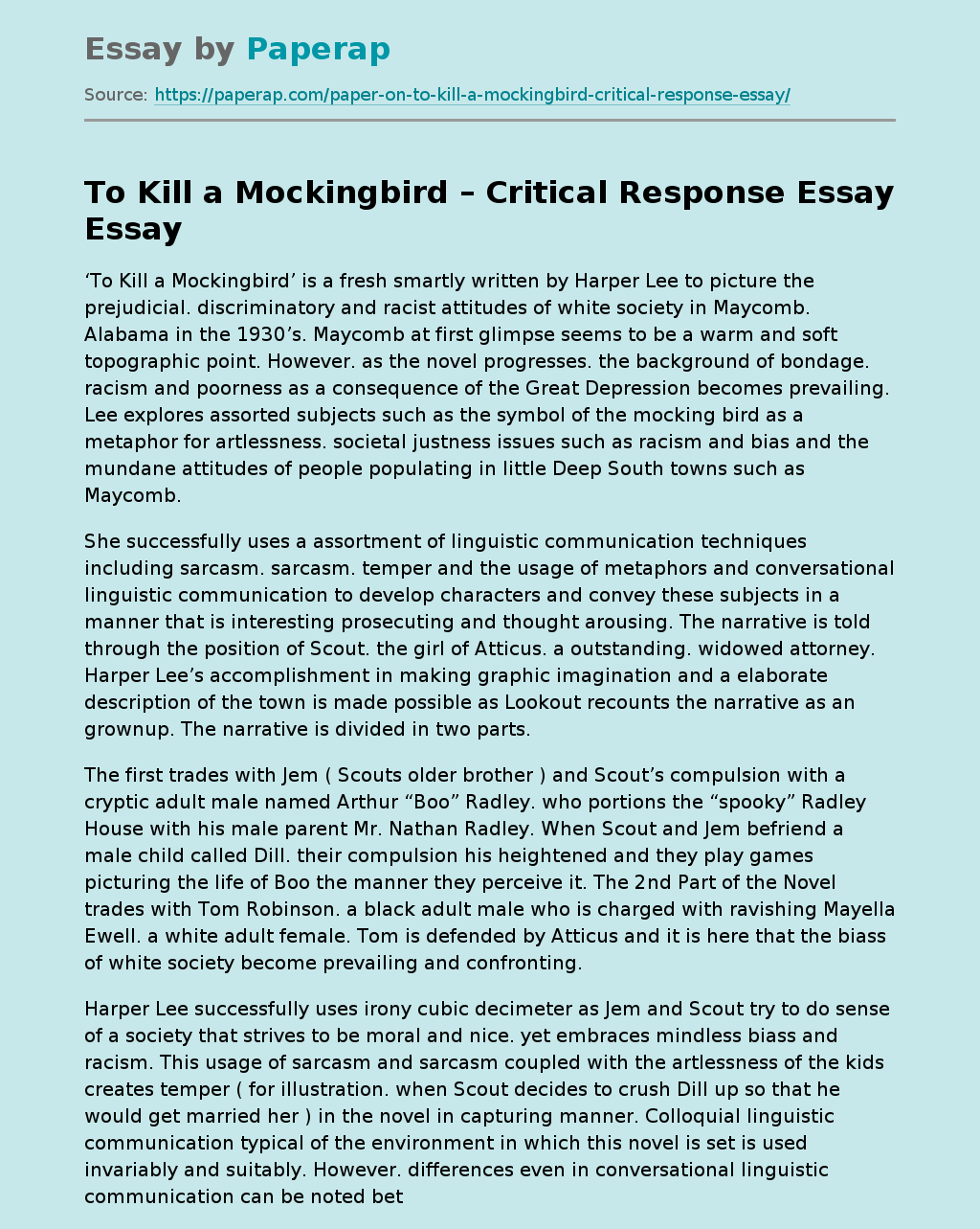 To Kill a Mockingbird Critical Response Essay