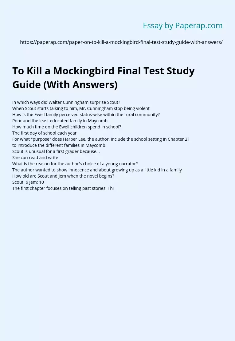 To Kill a Mockingbird Final Test Study Guide (With Answers)