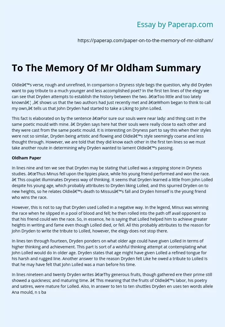 to the memory of mr oldham