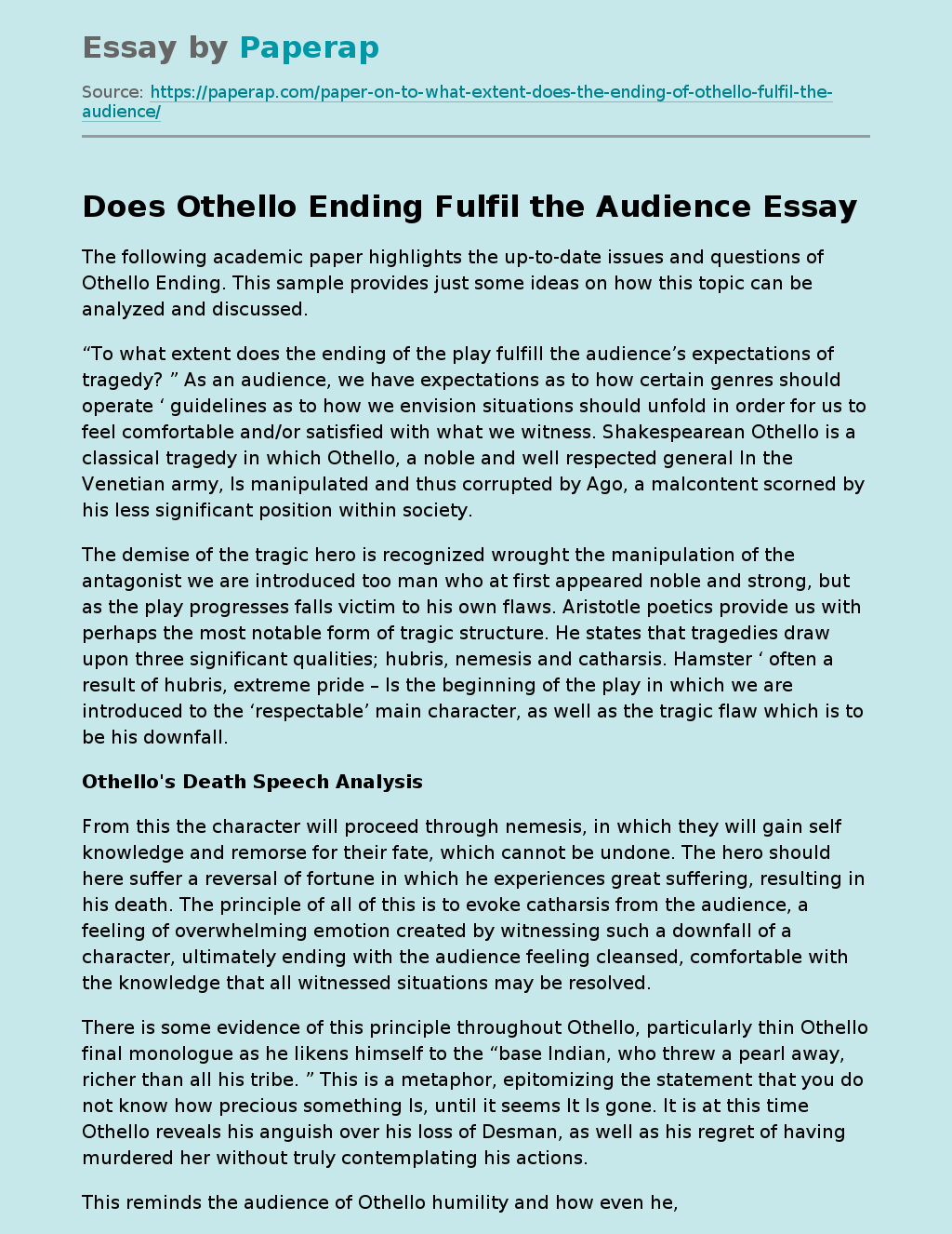 Does Othello Ending Fulfil the Audience