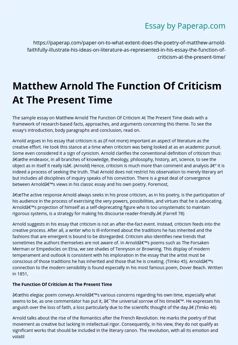 Matthew Arnold The Function Of Criticism At The Present Time