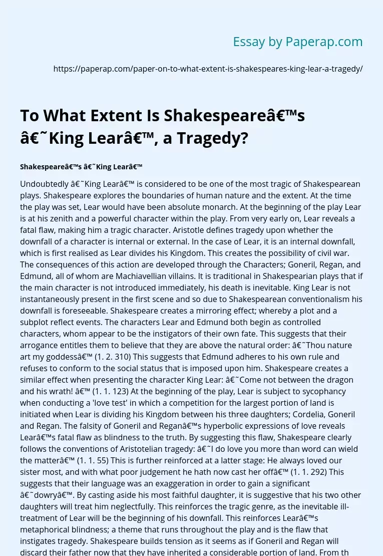 To What Extent Is Shakespeare’s ‘King Lear’, a Tragedy?