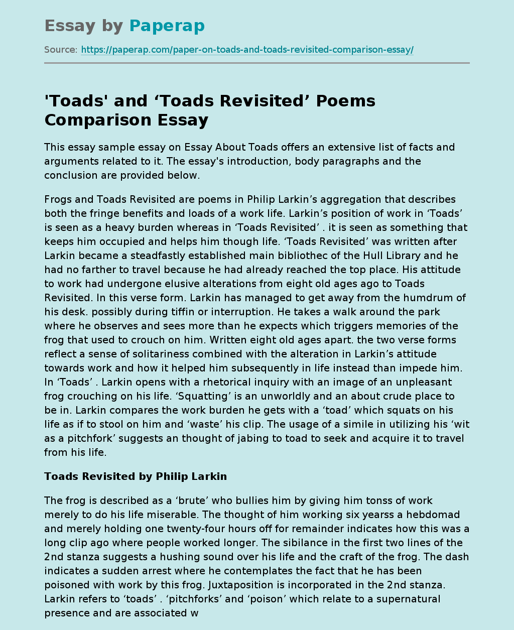 'Toads' and ‘Toads Revisited’ Poems Comparison