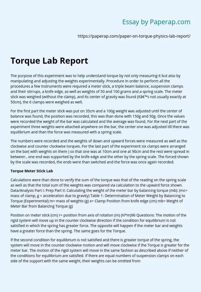 Experiment on Adjusting Torque Lab Report