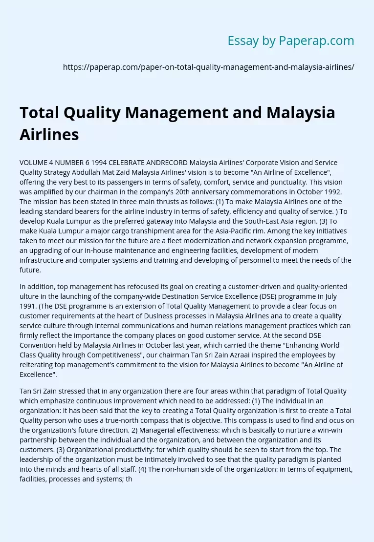 Total Quality Management and Malaysia Airlines