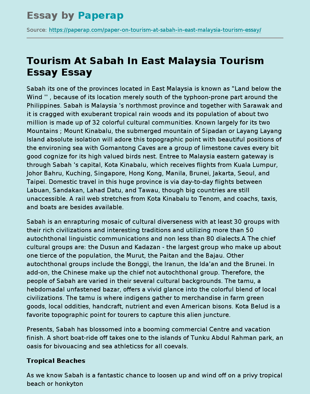 Tourism At Sabah In East Malaysia Tourism Essay