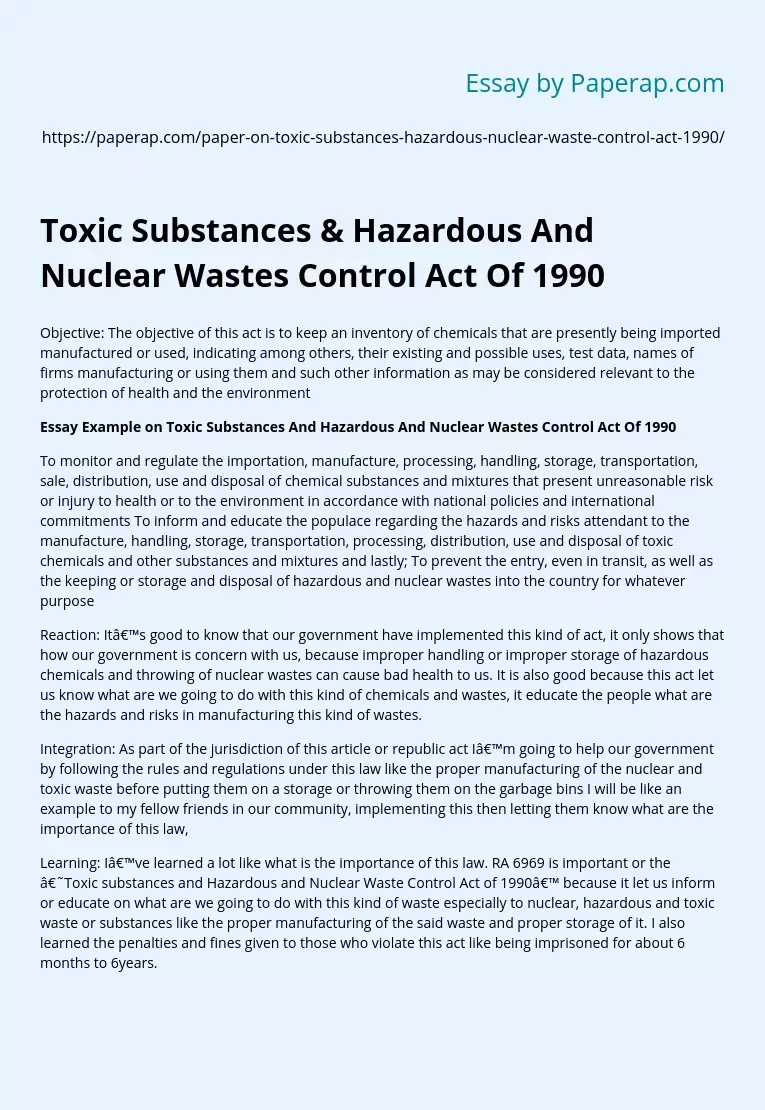 Toxic Substances & Hazardous And Nuclear Wastes Control Act Of 1990